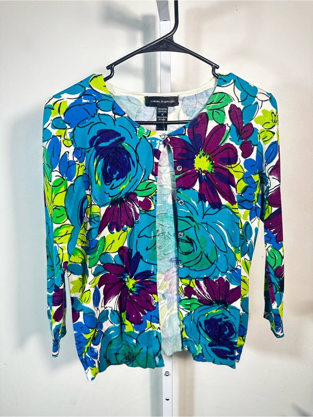 G35. Cable & Gauge S Teal Purple Floral Cotton Cardigan Silver Buttons Y2K